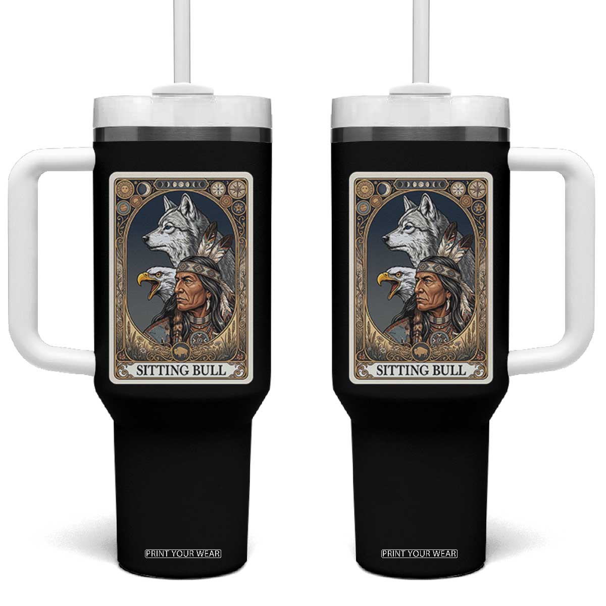 Sitting Bull Native American Chief Tumbler With Handle Vintage Tarot Card Illustration