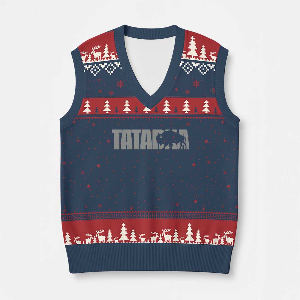 Vintage Tatanka Bison V-Neck Knit Sweater Vest Native American Buffalo Graphic