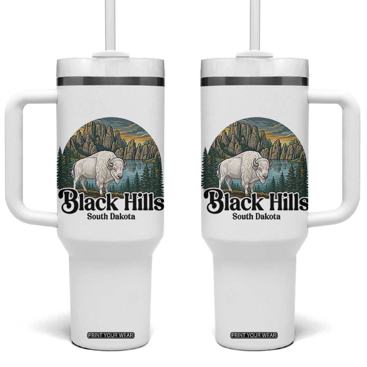 Black Hills South Dakota White Buffalo Tumbler With Handle State Pride Gift