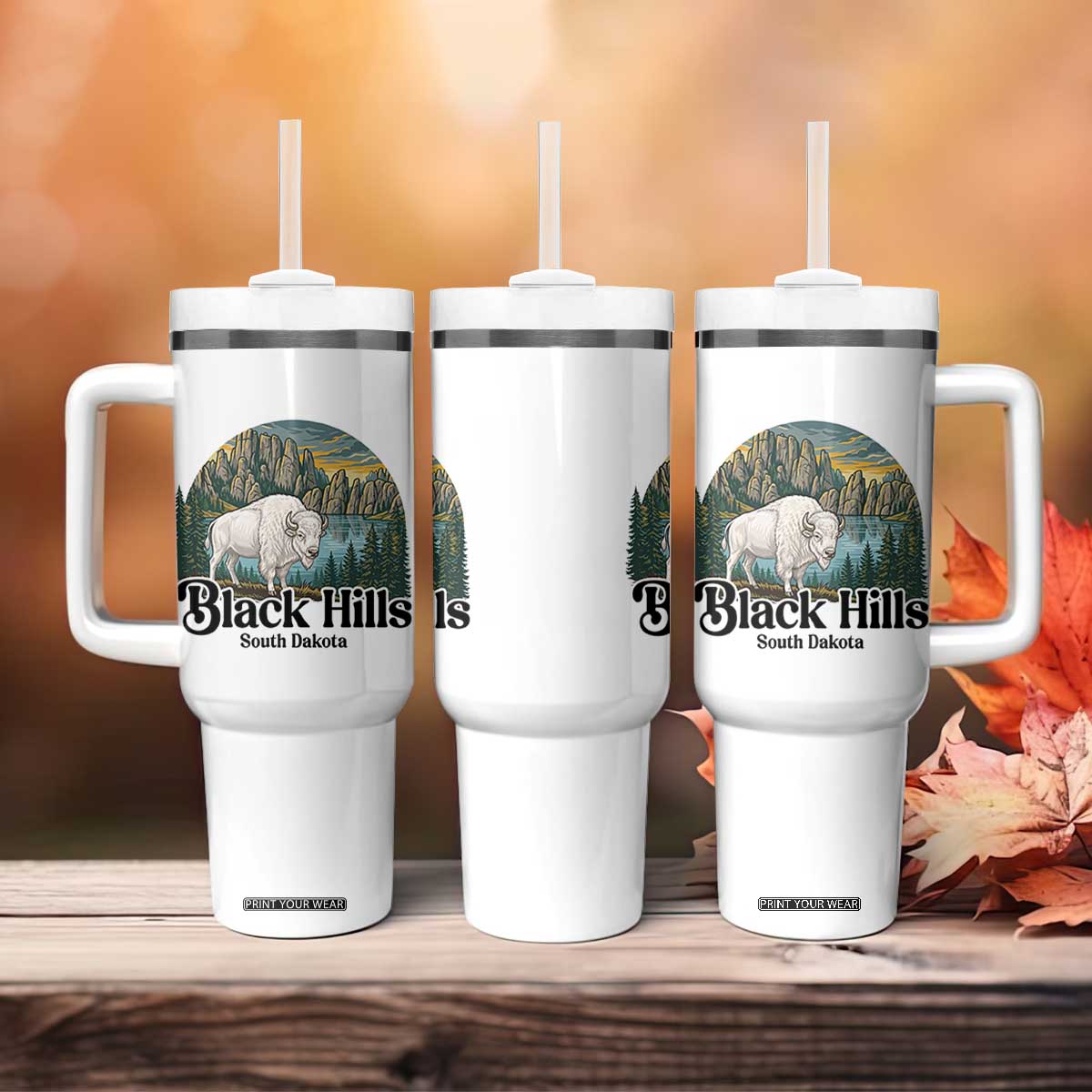 Black Hills South Dakota White Buffalo Tumbler With Handle State Pride Gift