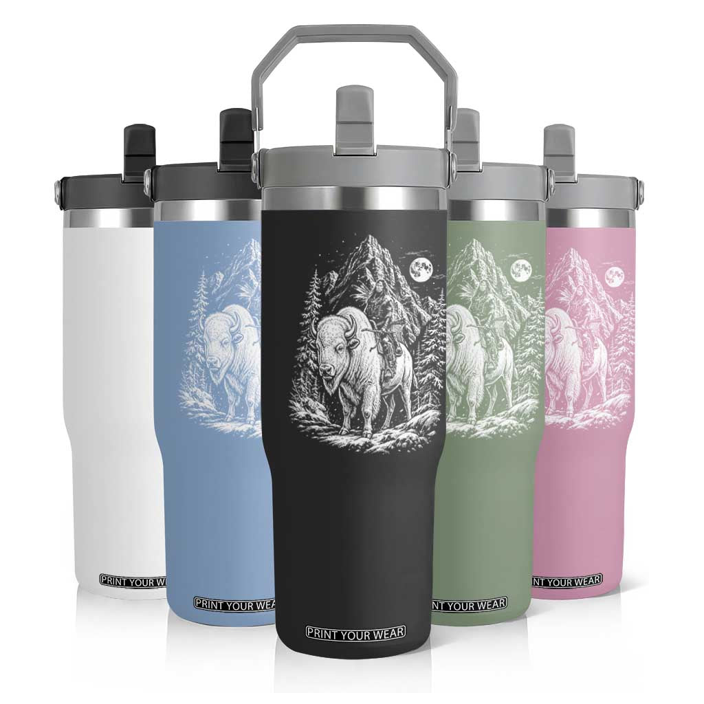Vintage Native American Bison Rider Flip Straw Tumbler Indigenous Warrior Graphic