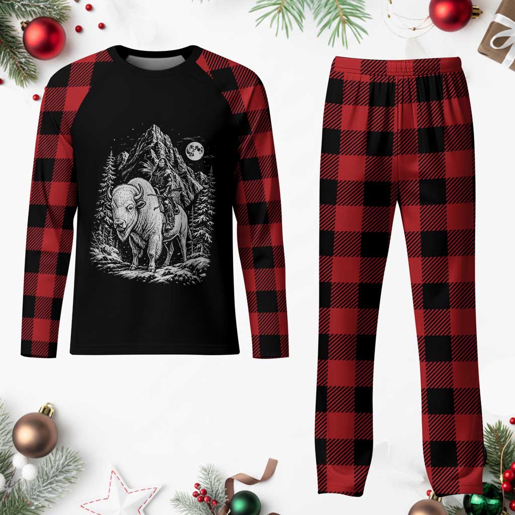 Vintage Native American Bison Rider Plaid Pajama Set Indigenous Warrior Graphic
