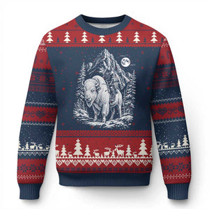 Vintage Native American Bison Rider Ugly Christmas Sweater Indigenous Warrior Graphic