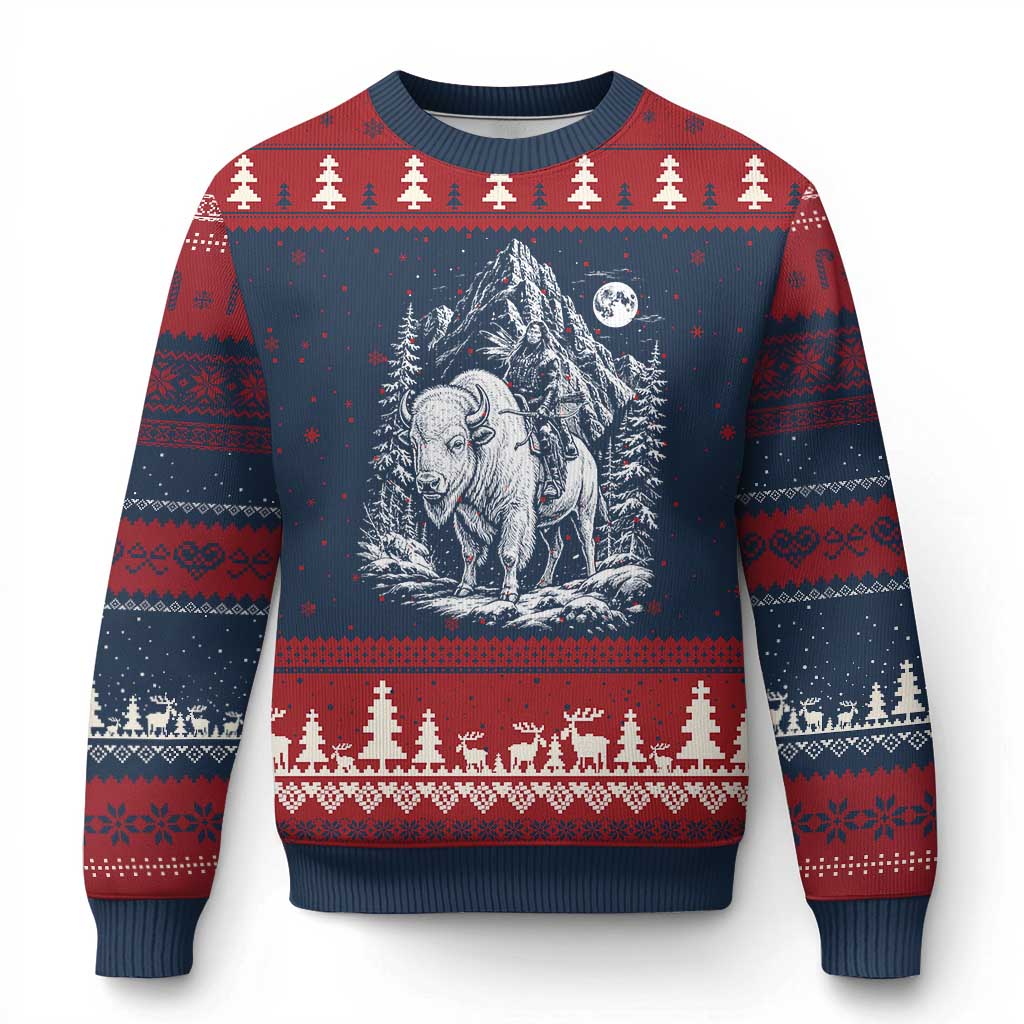 Vintage Native American Bison Rider Ugly Christmas Sweater Indigenous Warrior Graphic TS12 Navy Red Print Your Wear