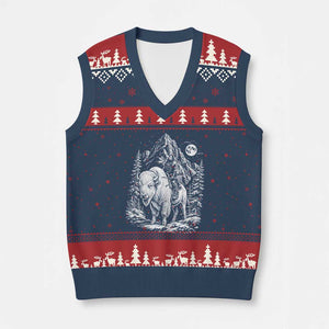 Vintage Native American Bison Rider V-Neck Knit Sweater Vest Indigenous Warrior Graphic