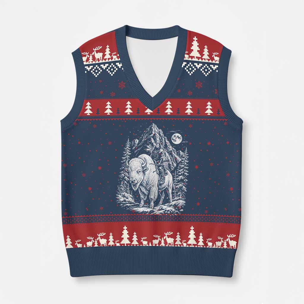 Vintage Native American Bison Rider V-Neck Knit Sweater Vest Indigenous Warrior Graphic TS12 Navy Red Print Your Wear