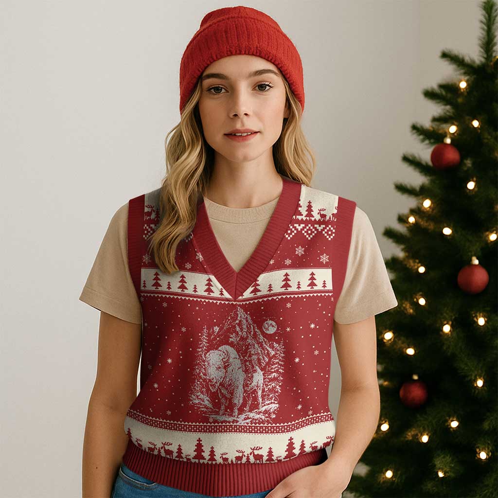 Vintage Native American Bison Rider V-Neck Knit Sweater Vest Indigenous Warrior Graphic