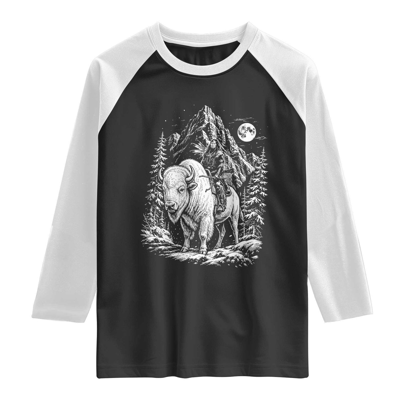 Vintage Native American Bison Rider Raglan Shirt Indigenous Warrior Graphic TS12 Black White Print Your Wear