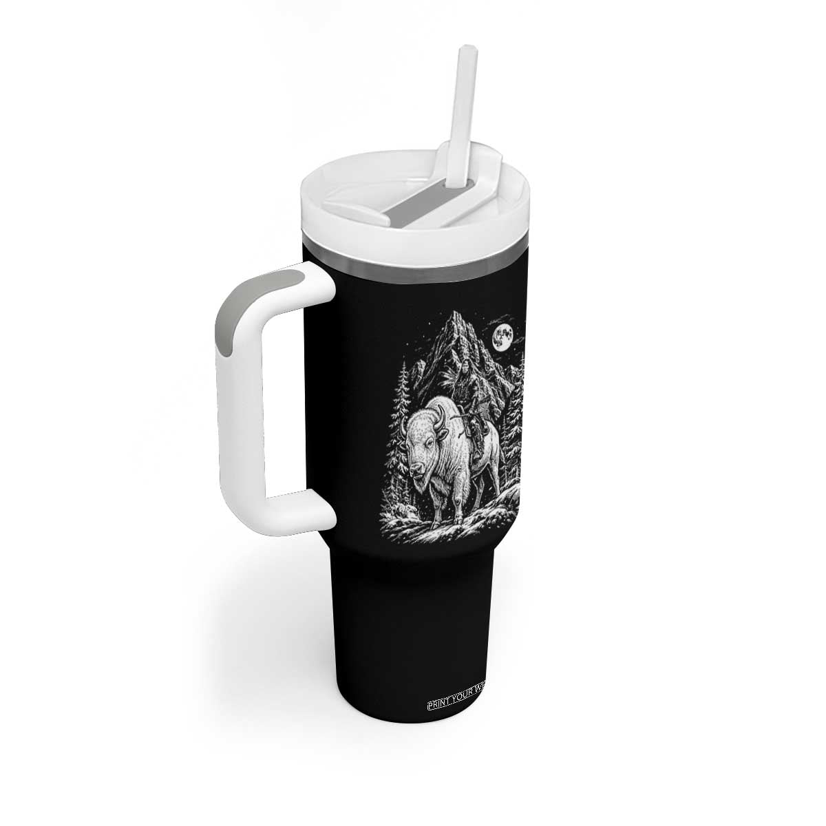 Vintage Native American Bison Rider Tumbler With Handle Indigenous Warrior Graphic