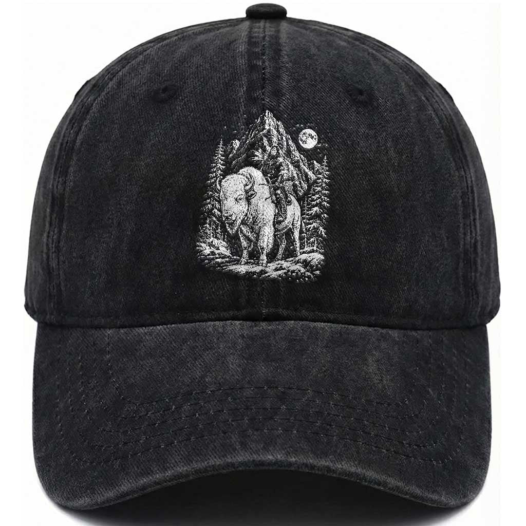 Vintage Native American Bison Rider Washed Cotton Baseball Cap Indigenous Warrior Graphic TS12 Print Your Wear