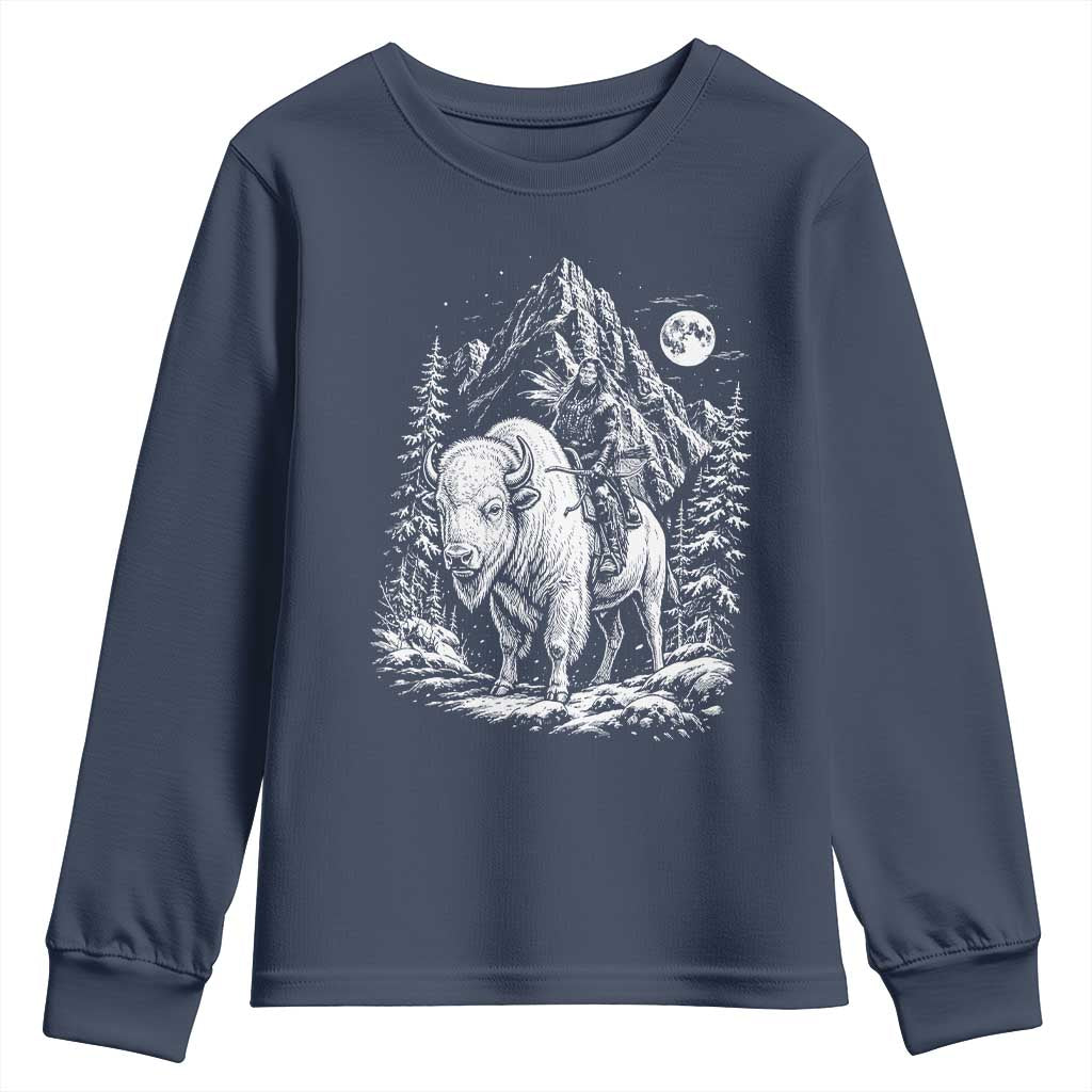 Vintage Native American Bison Rider Youth Sweatshirt Indigenous Warrior Graphic