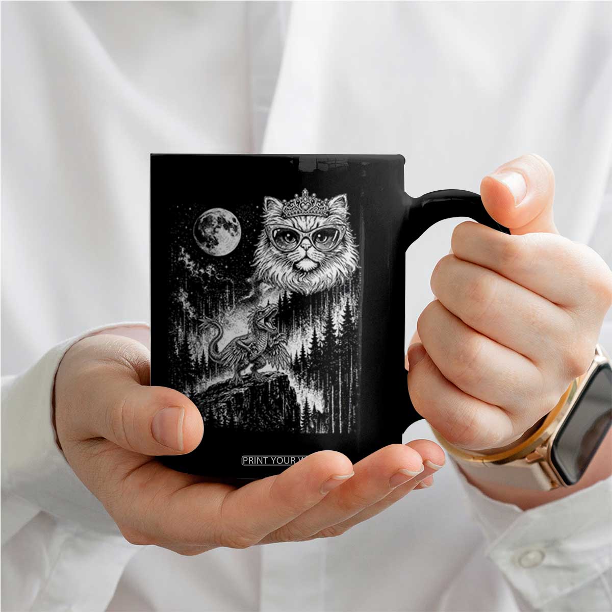 Vintage Geek Princess Cat Coffee Mug Full Moon Engraving Art Gift