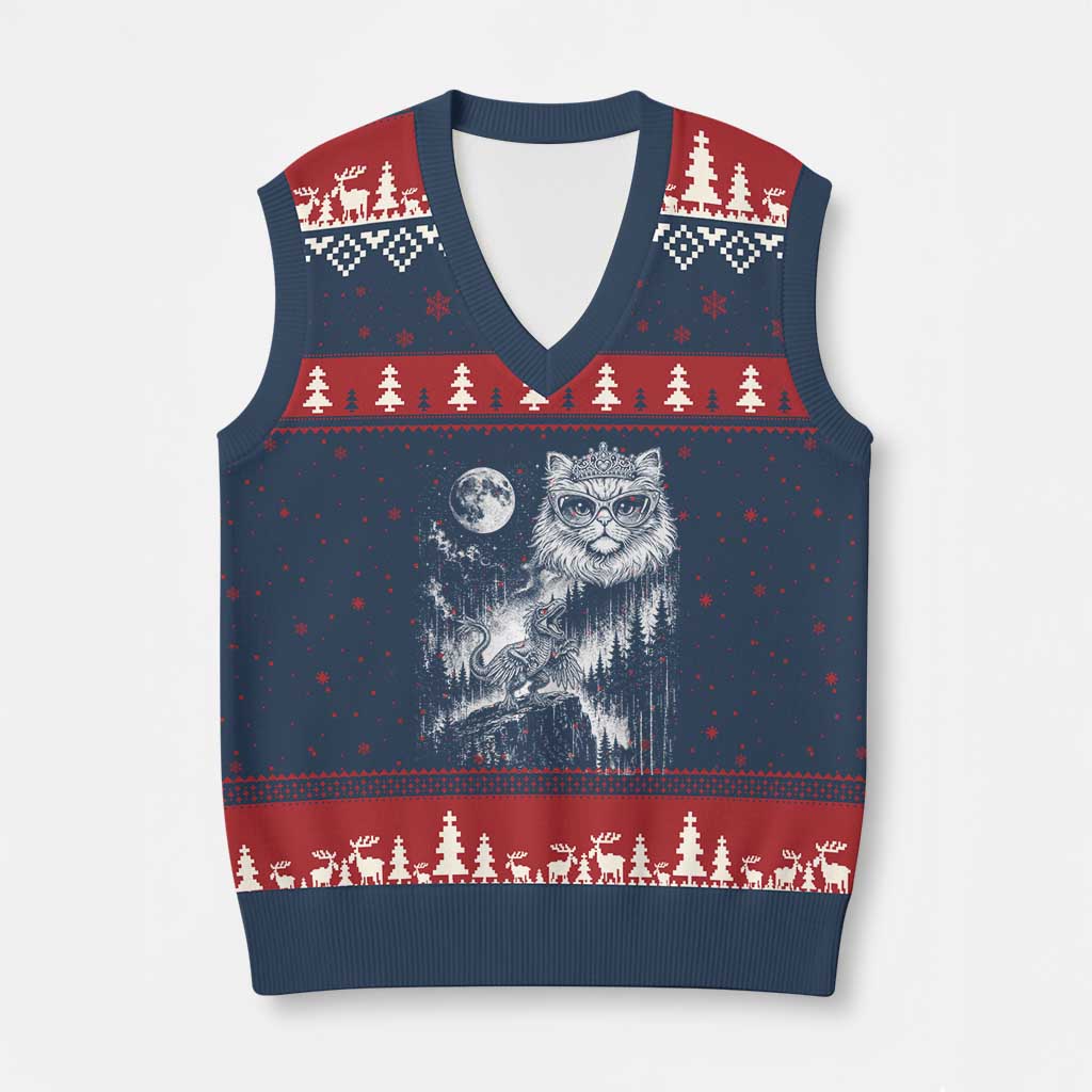 Vintage Geek Princess Cat V-Neck Knit Sweater Vest Full Moon Engraving Art Gift TS12 Navy Red Print Your Wear