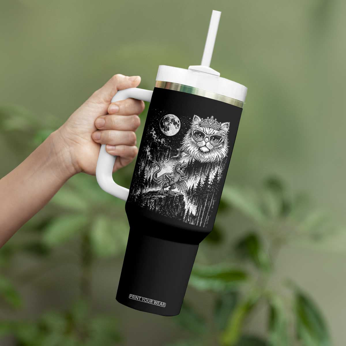 Vintage Geek Princess Cat Tumbler With Handle Full Moon Engraving Art Gift
