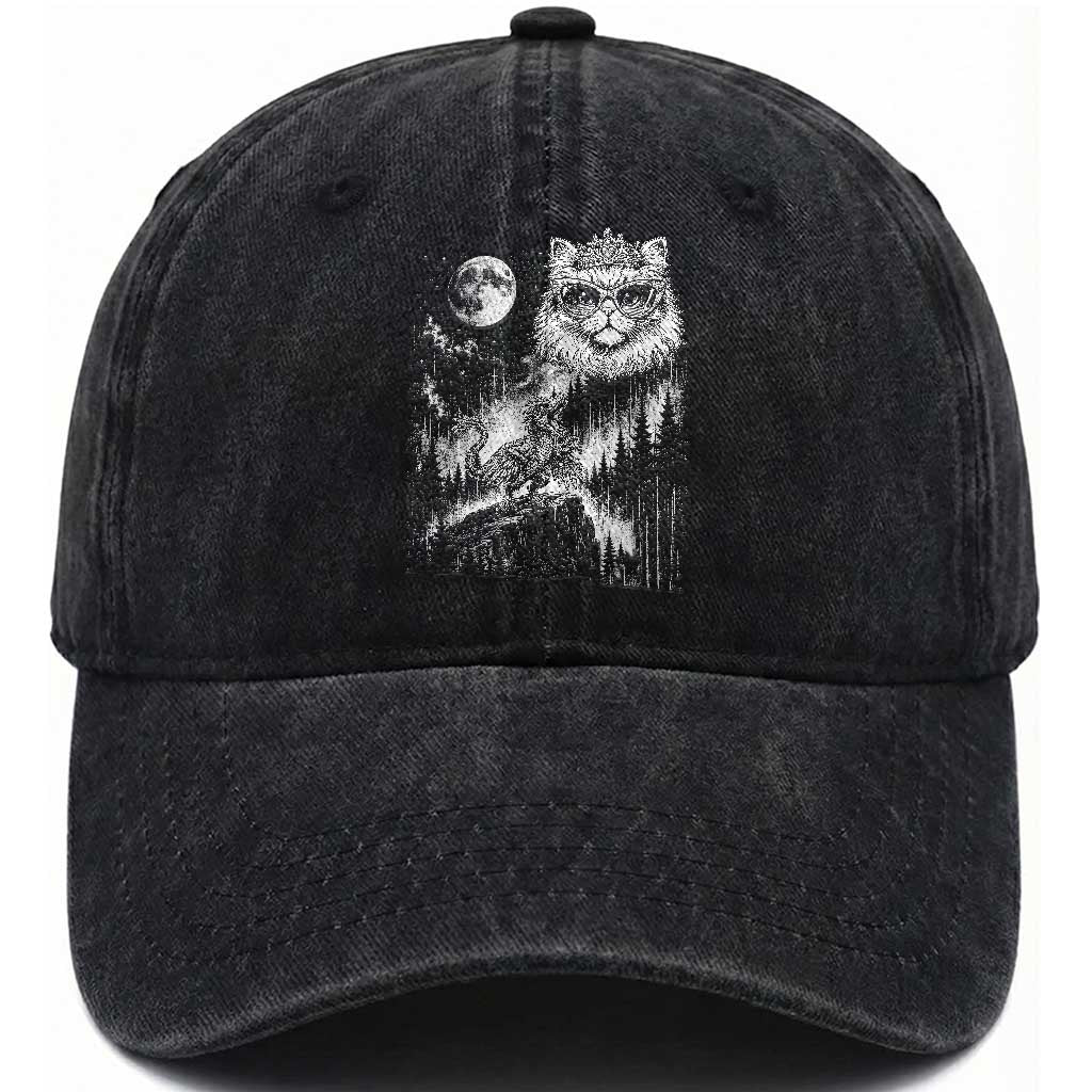 Vintage Geek Princess Cat Washed Cotton Baseball Cap Full Moon Engraving Art Gift TS12 Print Your Wear