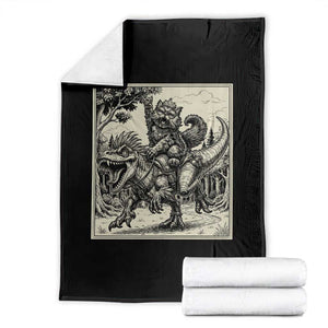 Cool Royal Cat Riding Dinosaur Throw Blanket Rock N Roll Engraving Graphic Art