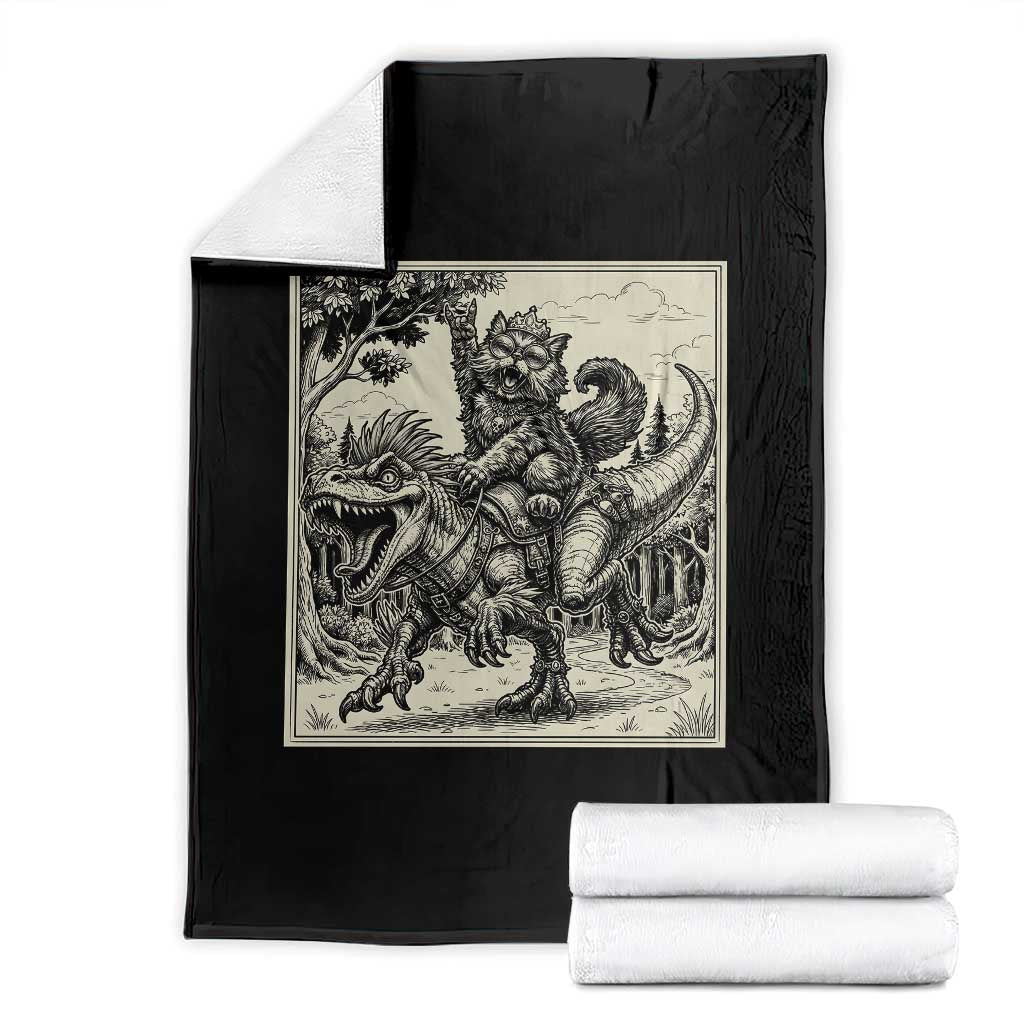 Cool Royal Cat Riding Dinosaur Throw Blanket Rock N Roll Engraving Graphic Art TS12 Black Print Your Wear