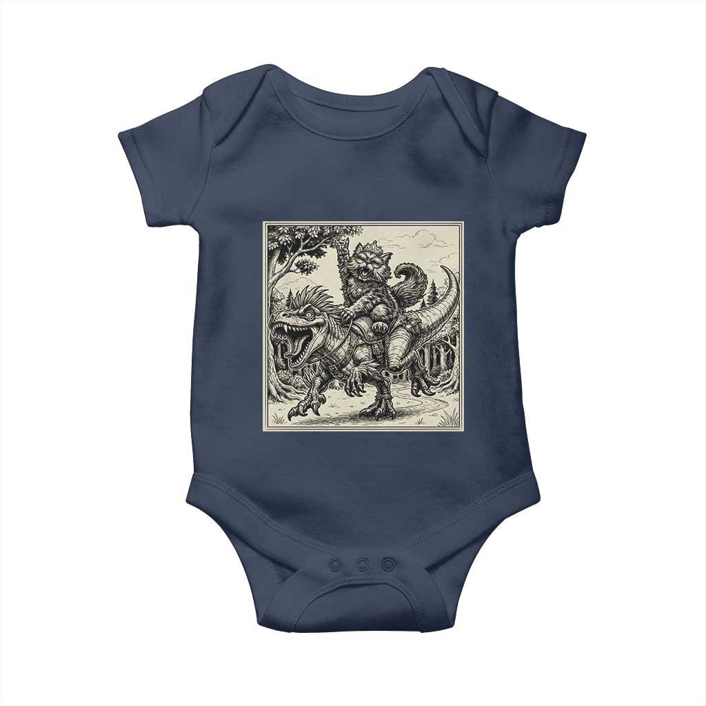 Cool Royal Cat Riding Dinosaur Baby Onesie Rock N Roll Engraving Graphic Art
