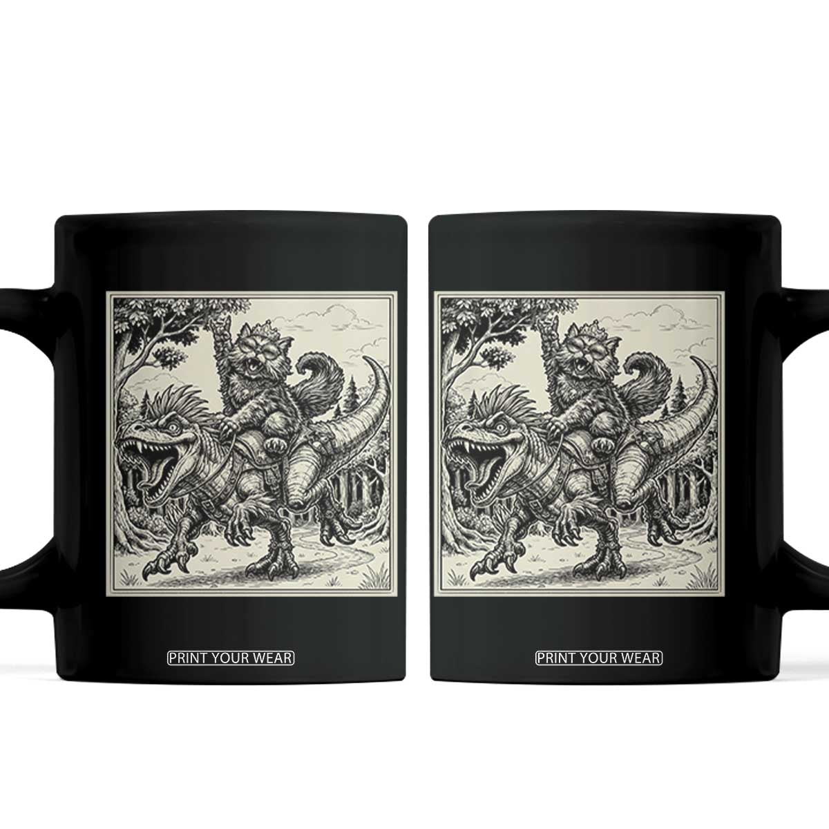 Cool Royal Cat Riding Dinosaur Coffee Mug Rock N Roll Engraving Graphic Art