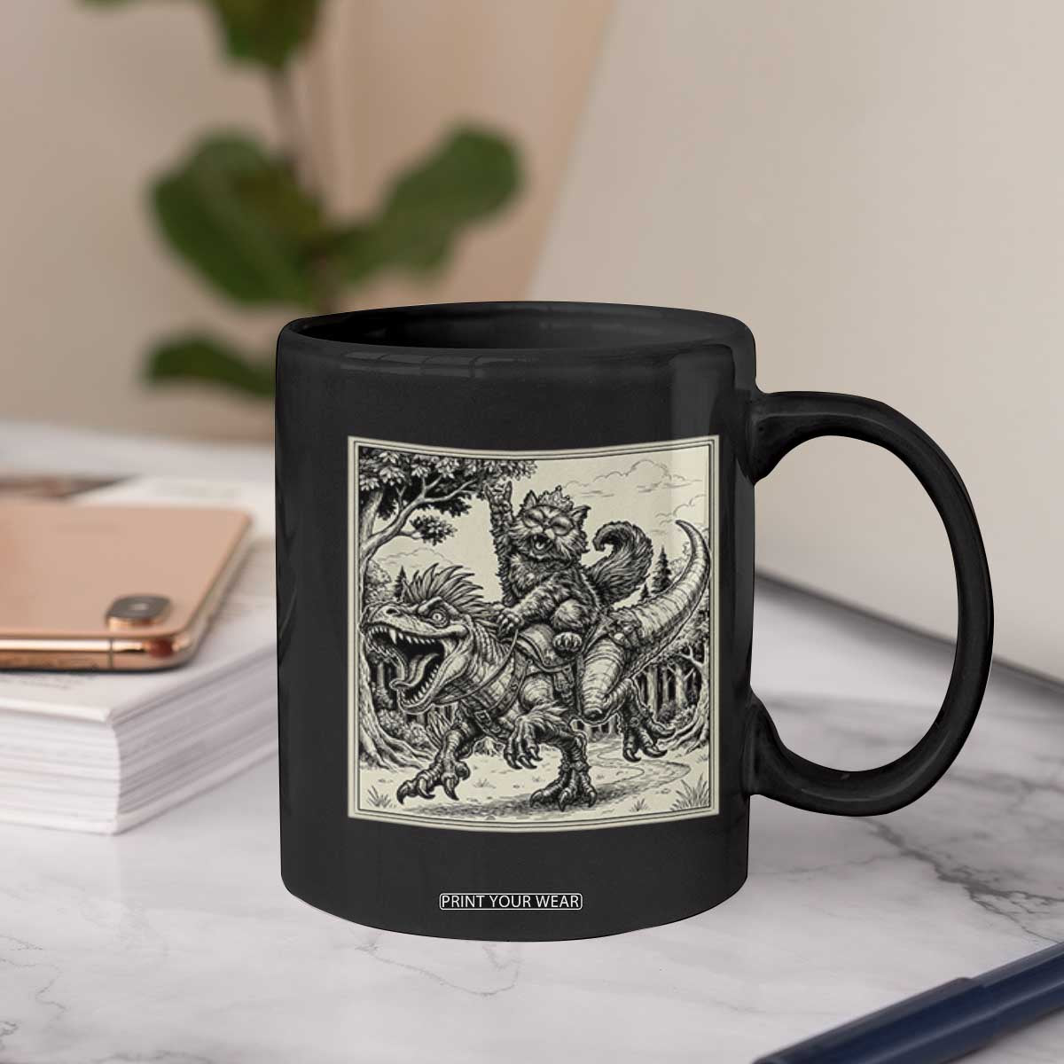 Cool Royal Cat Riding Dinosaur Coffee Mug Rock N Roll Engraving Graphic Art