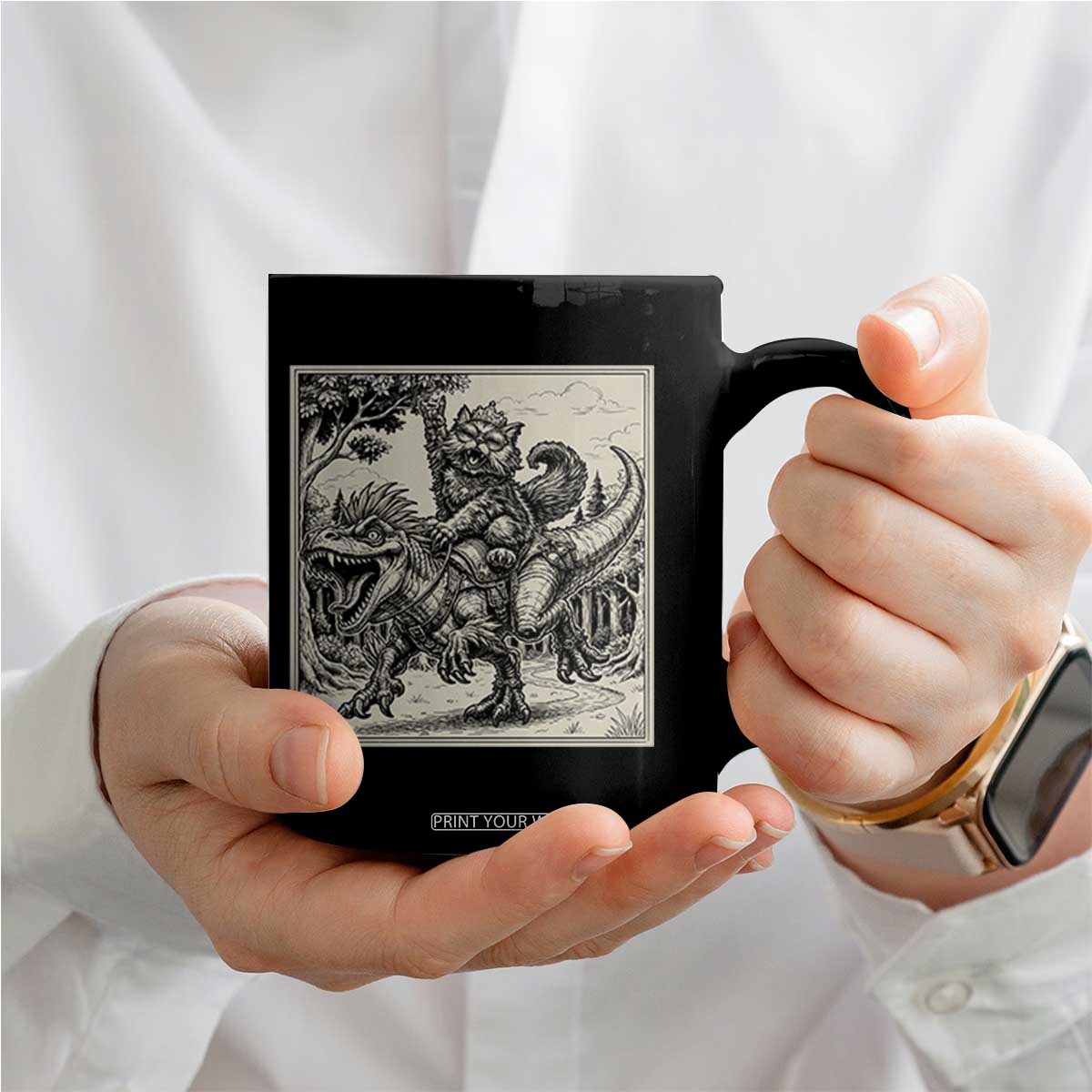 Cool Royal Cat Riding Dinosaur Coffee Mug Rock N Roll Engraving Graphic Art