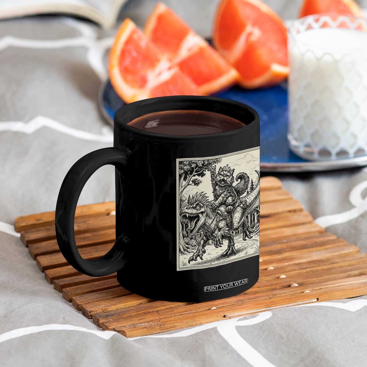 Cool Royal Cat Riding Dinosaur Coffee Mug Rock N Roll Engraving Graphic Art