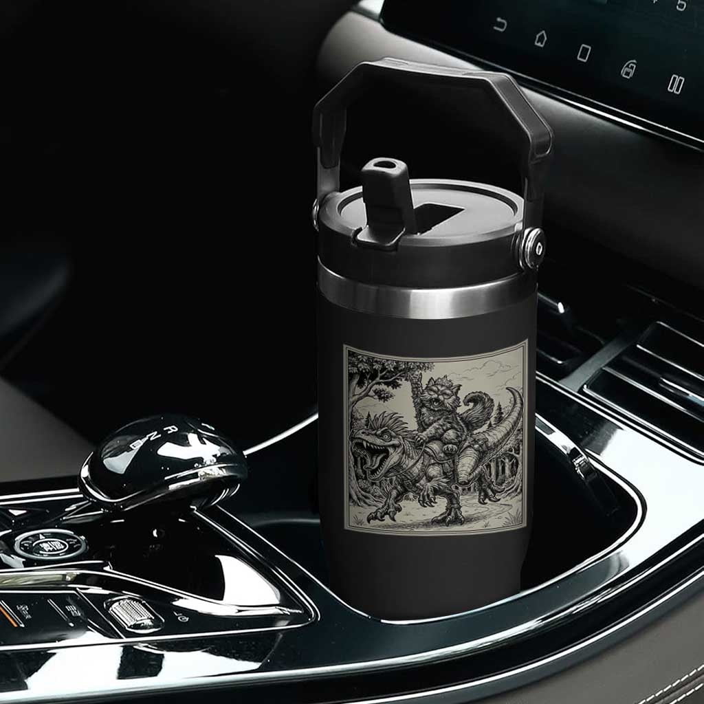 Cool Royal Cat Riding Dinosaur Flip Straw Tumbler Rock N Roll Engraving Graphic Art