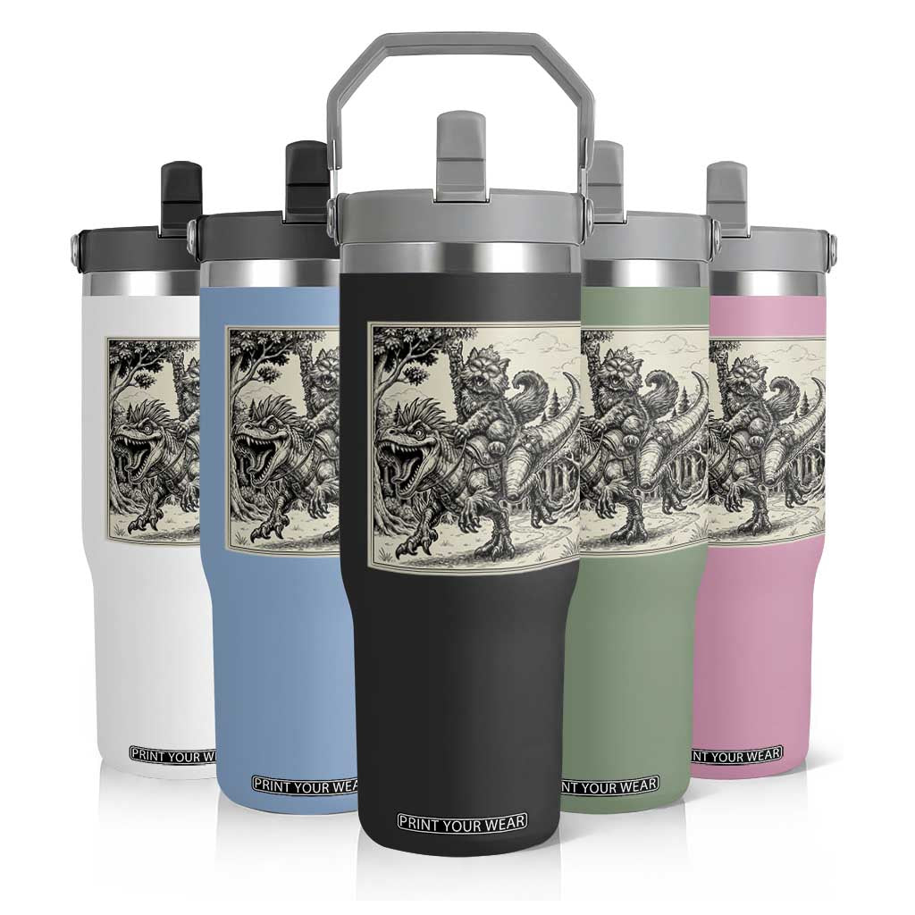 Cool Royal Cat Riding Dinosaur Flip Straw Tumbler Rock N Roll Engraving Graphic Art