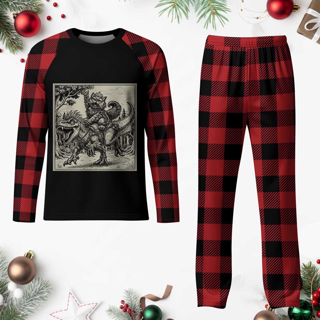 Cool Royal Cat Riding Dinosaur Plaid Pajama Set Rock N Roll Engraving Graphic Art TS12 Buffalo Plaid Print Your Wear