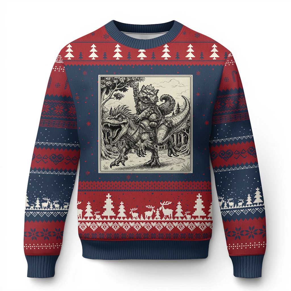 Cool Royal Cat Riding Dinosaur Ugly Christmas Sweater Rock N Roll Engraving Graphic Art TS12 Navy Red Print Your Wear