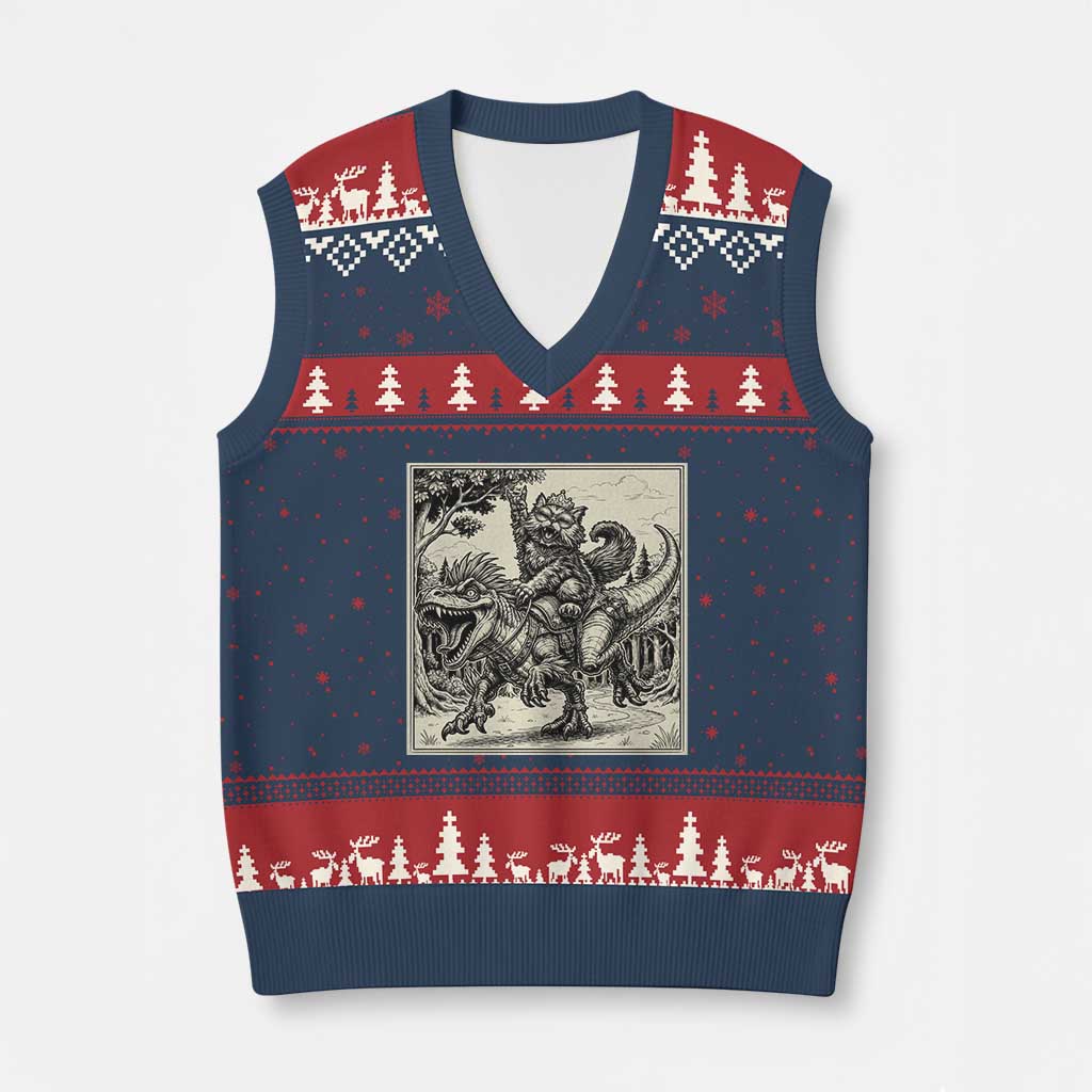 Cool Royal Cat Riding Dinosaur V-Neck Knit Sweater Vest Rock N Roll Engraving Graphic Art