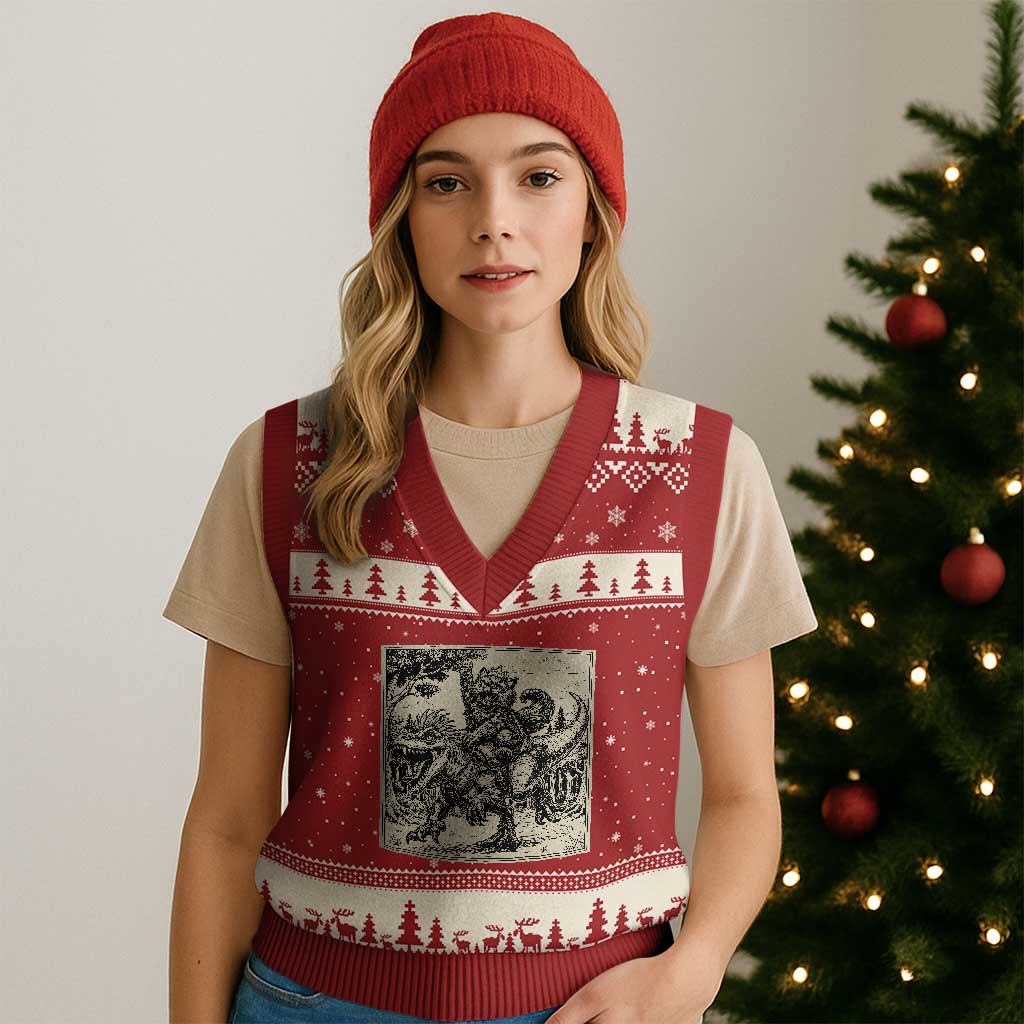 Cool Royal Cat Riding Dinosaur V-Neck Knit Sweater Vest Rock N Roll Engraving Graphic Art