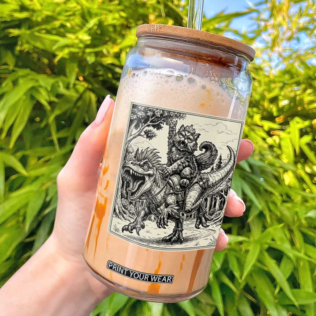 Cool Royal Cat Riding Dinosaur Glass Can Rock N Roll Engraving Graphic Art