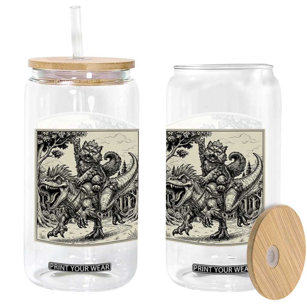Cool Royal Cat Riding Dinosaur Glass Can Rock N Roll Engraving Graphic Art