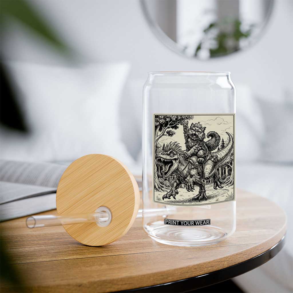 Cool Royal Cat Riding Dinosaur Glass Can Rock N Roll Engraving Graphic Art