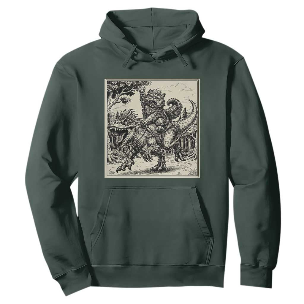 Cool Royal Cat Riding Dinosaur Hoodie Rock N Roll Engraving Graphic Art