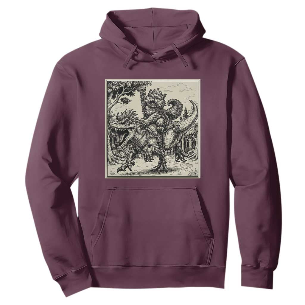 Cool Royal Cat Riding Dinosaur Hoodie Rock N Roll Engraving Graphic Art