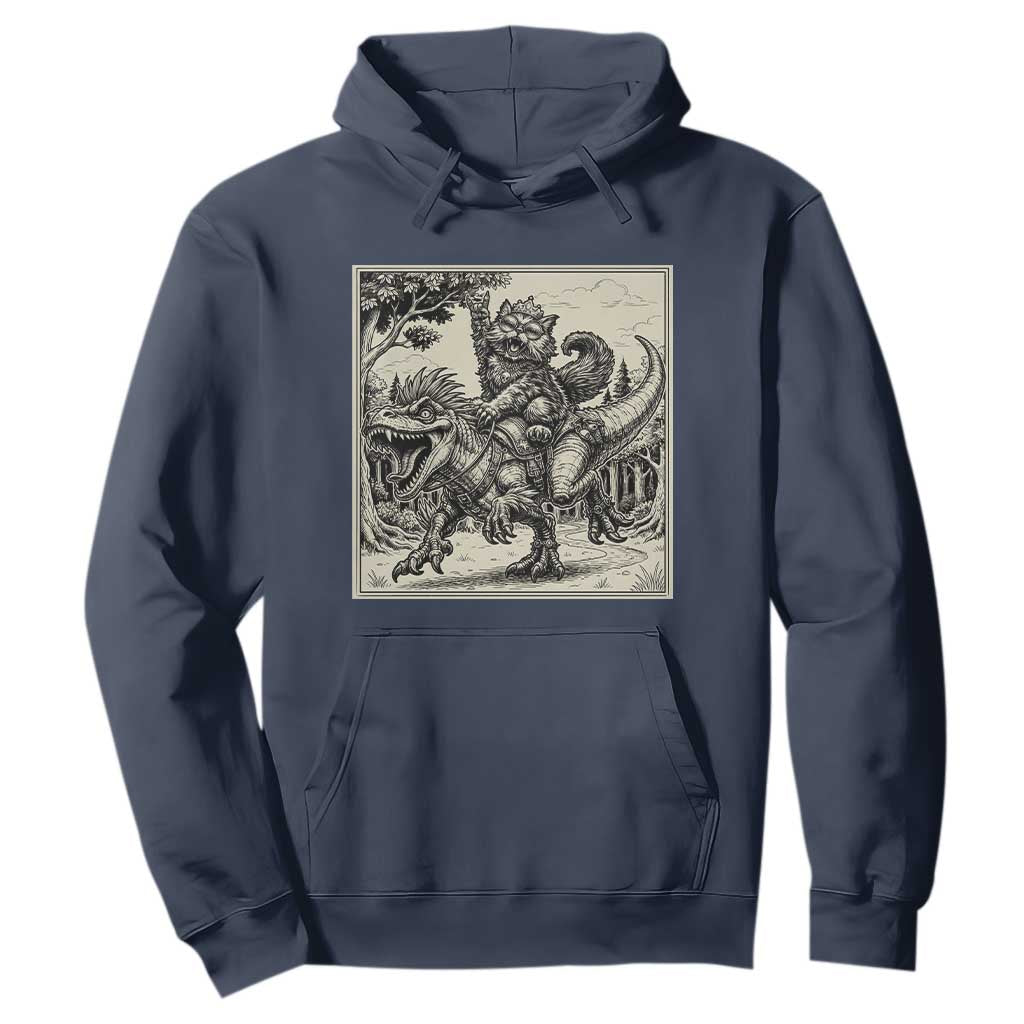 Cool Royal Cat Riding Dinosaur Hoodie Rock N Roll Engraving Graphic Art