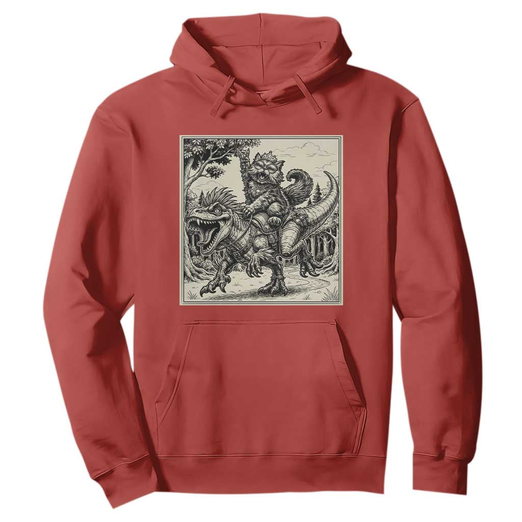 Cool Royal Cat Riding Dinosaur Hoodie Rock N Roll Engraving Graphic Art