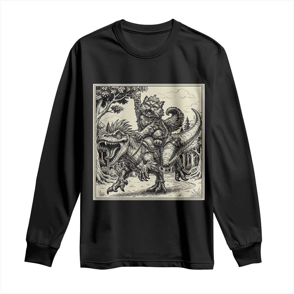 Cool Royal Cat Riding Dinosaur Long Sleeve Shirt Rock N Roll Engraving Graphic Art TS12 Black Print Your Wear