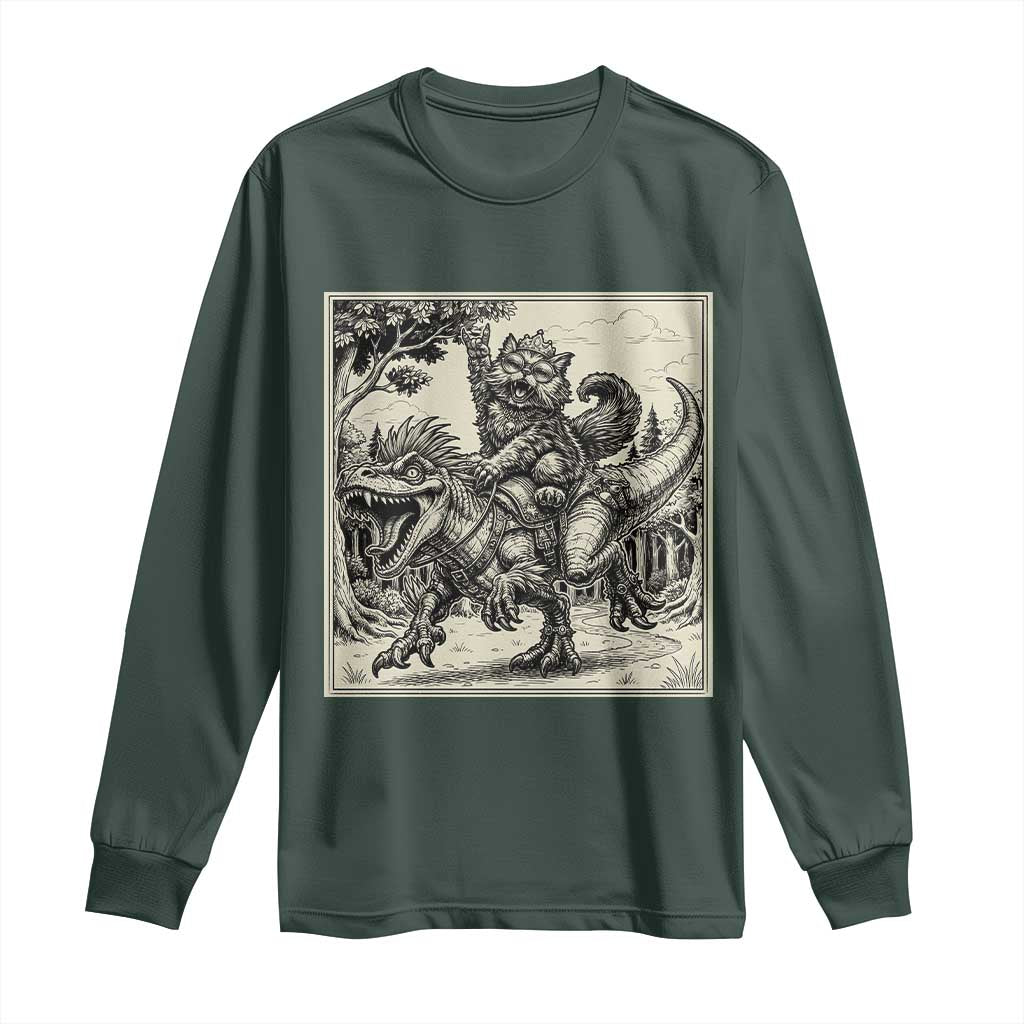 Cool Royal Cat Riding Dinosaur Long Sleeve Shirt Rock N Roll Engraving Graphic Art