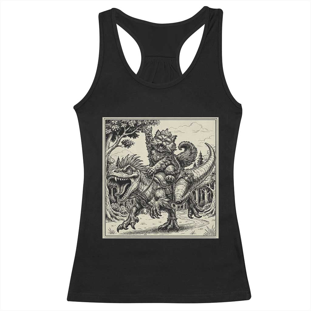 Cool Royal Cat Riding Dinosaur Racerback Tank Top Rock N Roll Engraving Graphic Art TS12 Black Print Your Wear