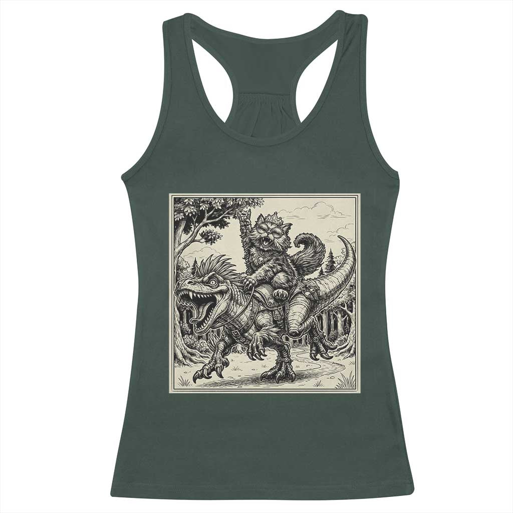Cool Royal Cat Riding Dinosaur Racerback Tank Top Rock N Roll Engraving Graphic Art
