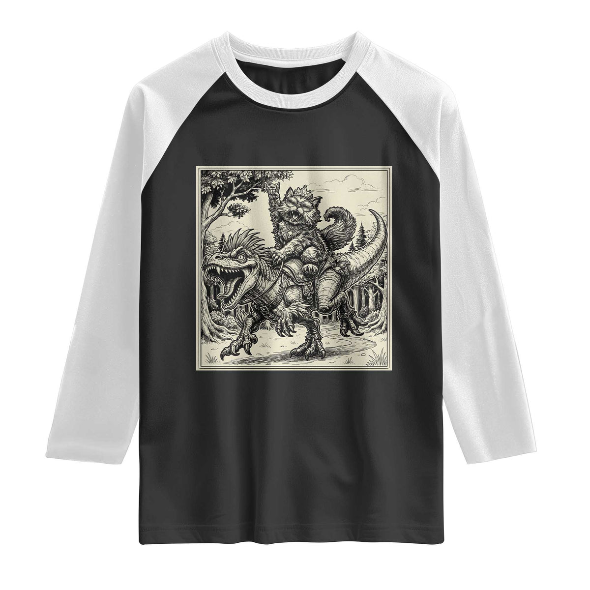Cool Royal Cat Riding Dinosaur Raglan Shirt Rock N Roll Engraving Graphic Art