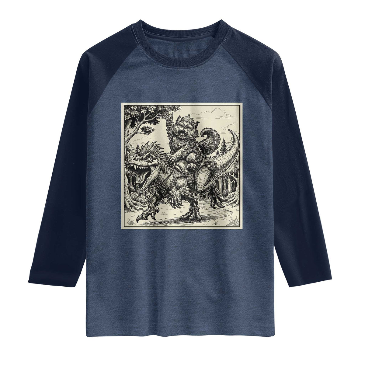 Cool Royal Cat Riding Dinosaur Raglan Shirt Rock N Roll Engraving Graphic Art