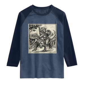 Cool Royal Cat Riding Dinosaur Raglan Shirt Rock N Roll Engraving Graphic Art
