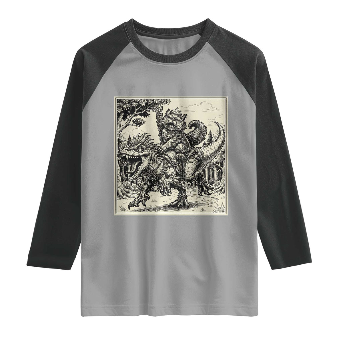 Cool Royal Cat Riding Dinosaur Raglan Shirt Rock N Roll Engraving Graphic Art