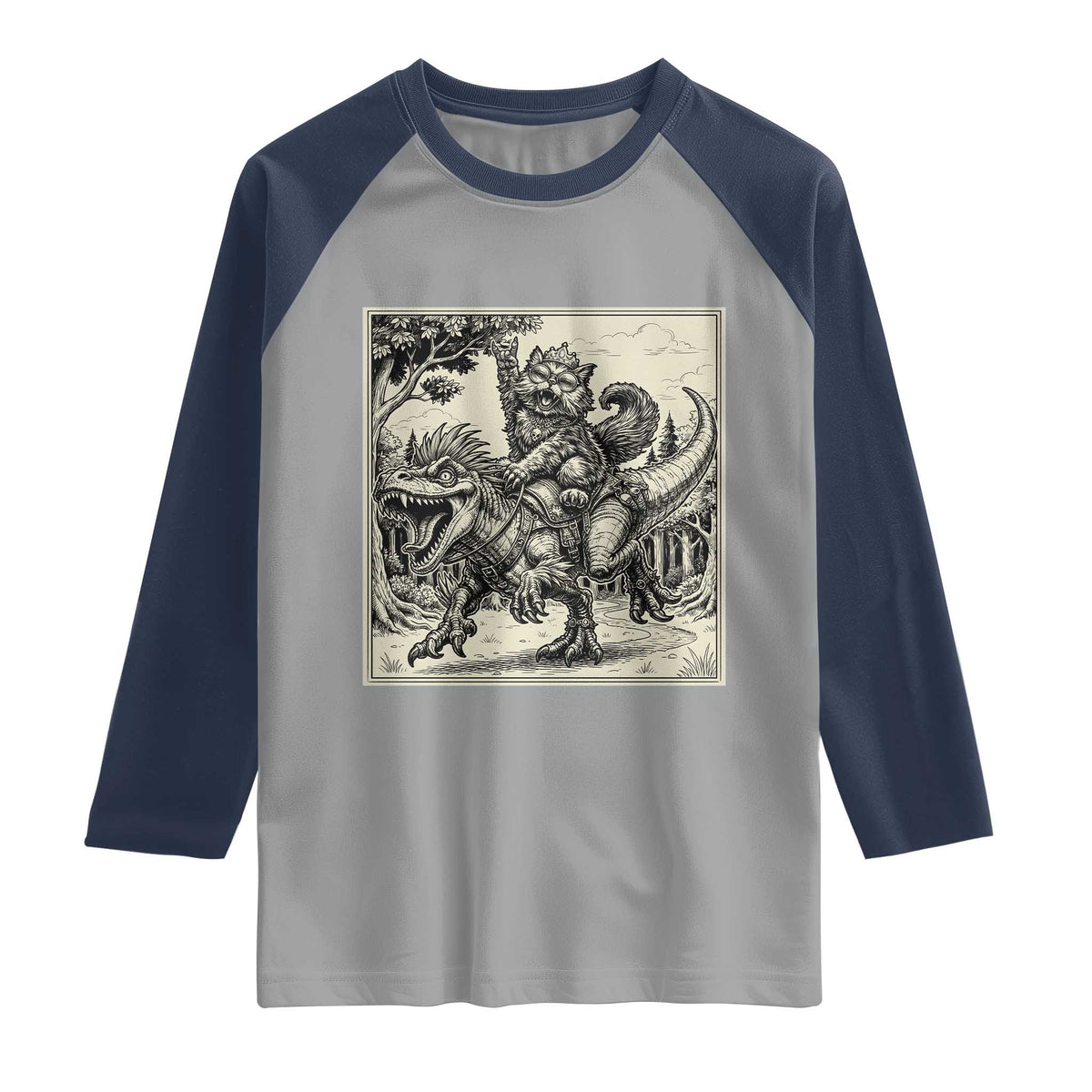 Cool Royal Cat Riding Dinosaur Raglan Shirt Rock N Roll Engraving Graphic Art