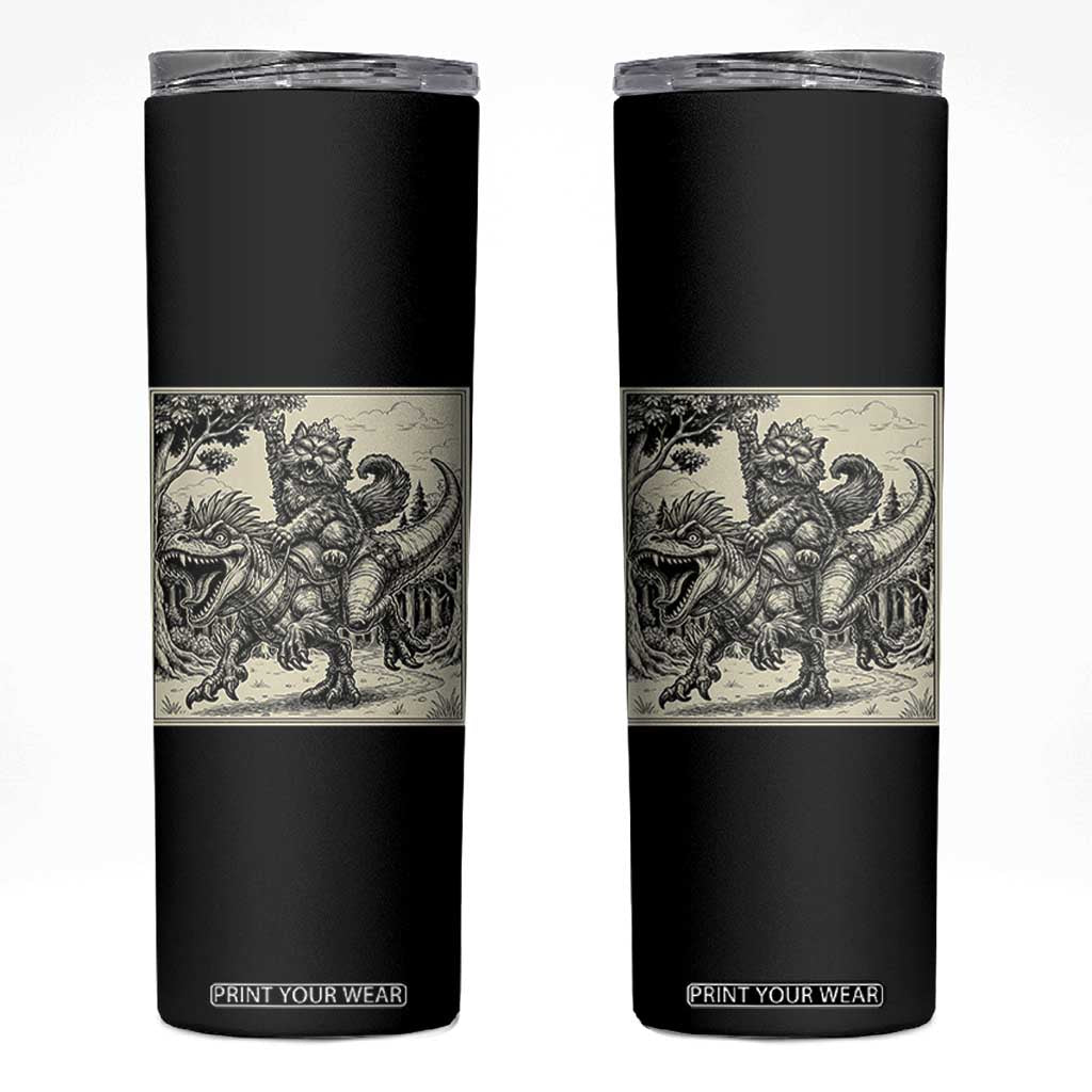 Cool Royal Cat Riding Dinosaur Skinny Tumbler Rock N Roll Engraving Graphic Art
