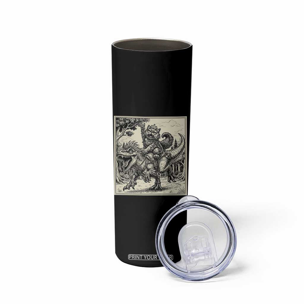Cool Royal Cat Riding Dinosaur Skinny Tumbler Rock N Roll Engraving Graphic Art